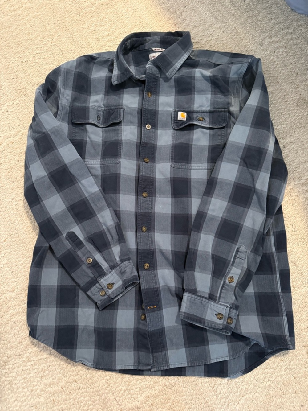 Carhartt Men’s Navy and Slate Blue Plaid Button-Down Shirt